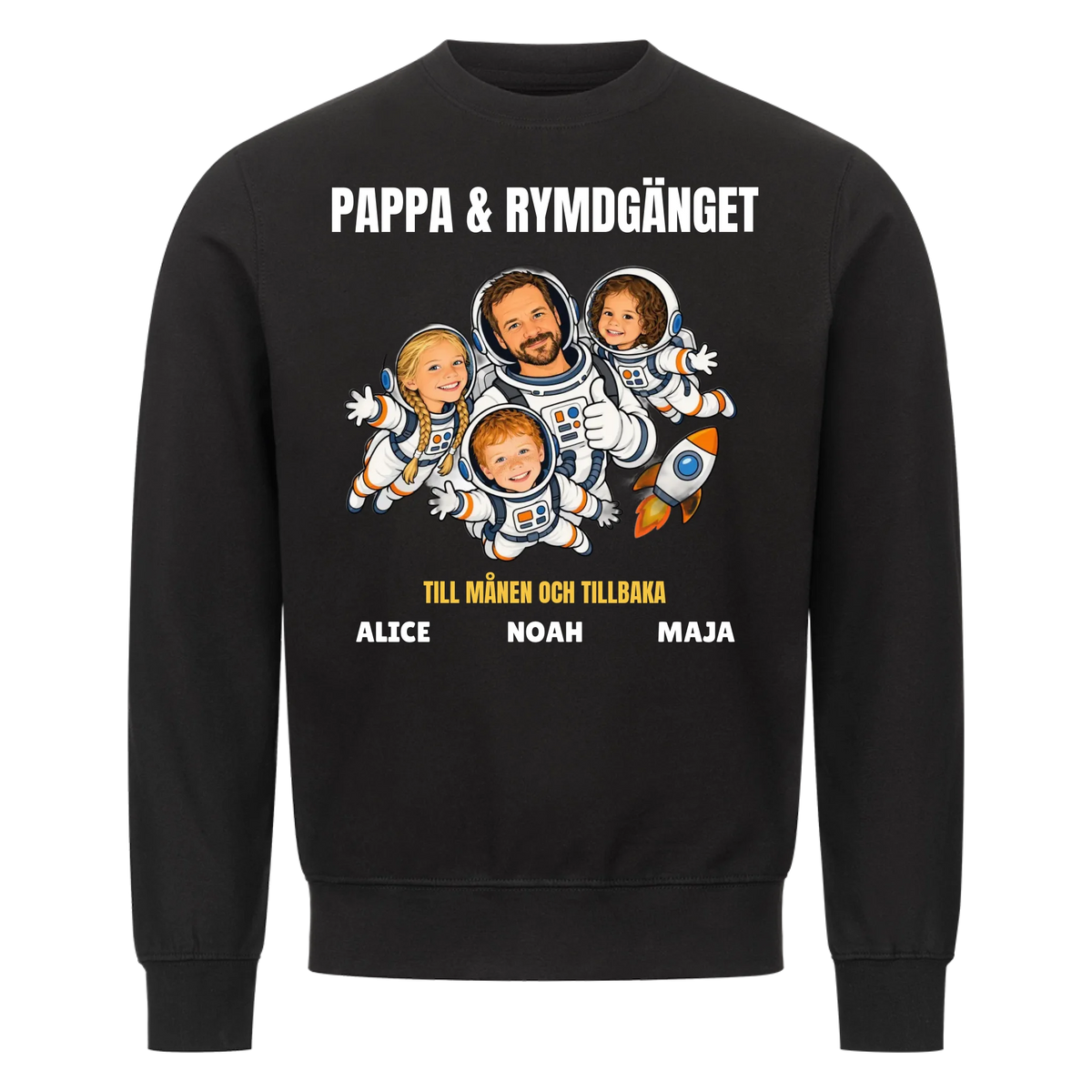 Pappa och rymdgänget t-shirt med ditt foto som tecknade astronauter och barnens namn. Personlig present till pappa