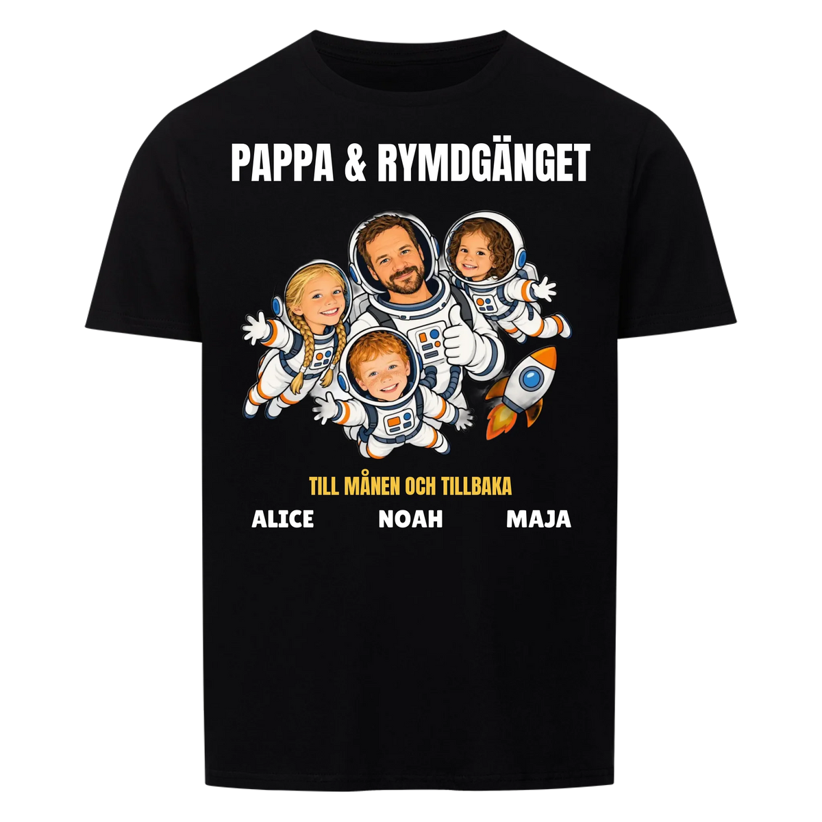 Pappa och rymdgänget t-shirt med ditt foto som tecknade astronauter och barnens namn. Personlig present till pappa