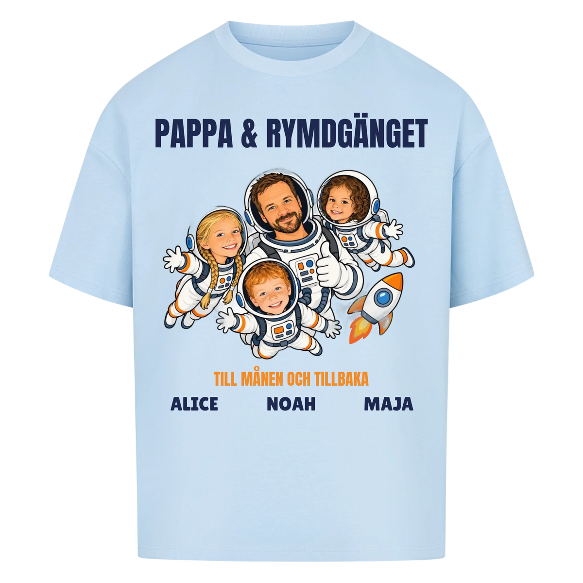 Pappa och rymdgänget t-shirt med ditt foto som tecknade astronauter och barnens namn. Personlig present till pappa