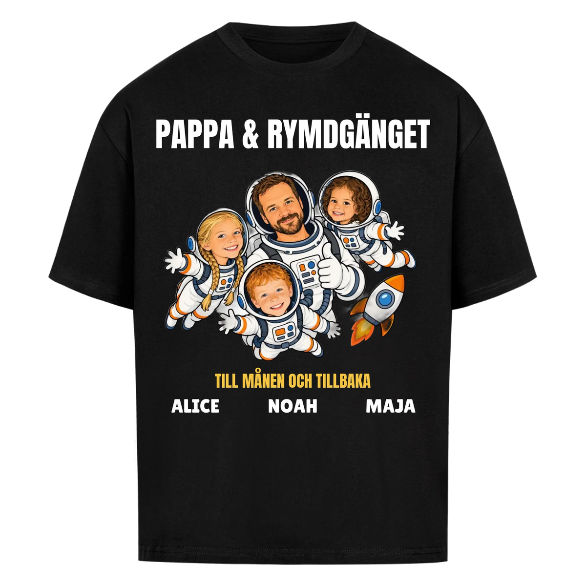 Pappa och rymdgänget t-shirt med ditt foto som tecknade astronauter och barnens namn. Personlig present till pappa