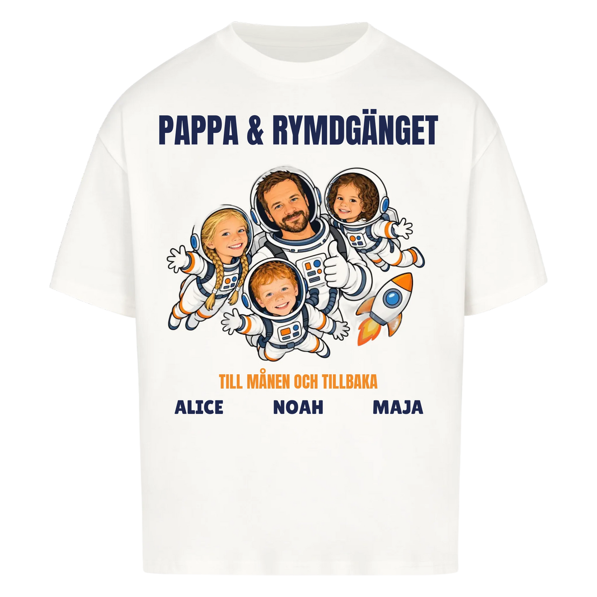 Pappa och rymdgänget t-shirt med ditt foto som tecknade astronauter och barnens namn. Personlig present till pappa