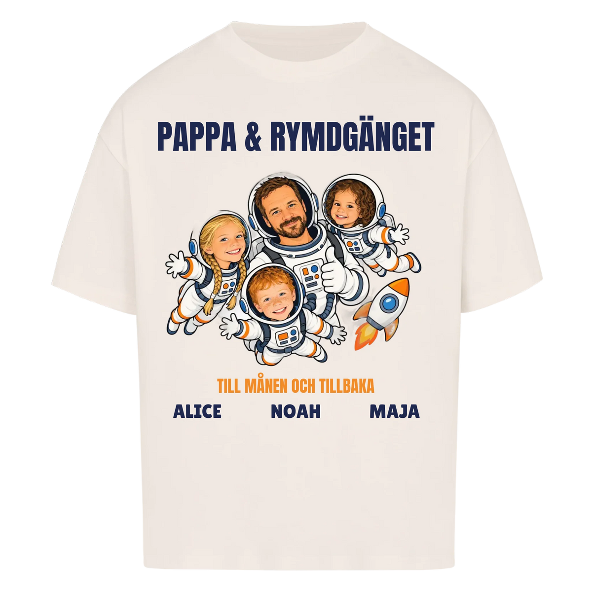 Pappa och rymdgänget t-shirt med ditt foto som tecknade astronauter och barnens namn. Personlig present till pappa