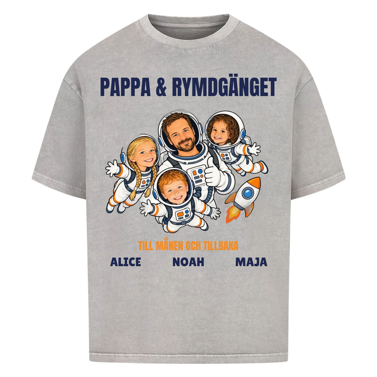 Pappa och rymdgänget t-shirt med ditt foto som tecknade astronauter och barnens namn. Personlig present till pappa