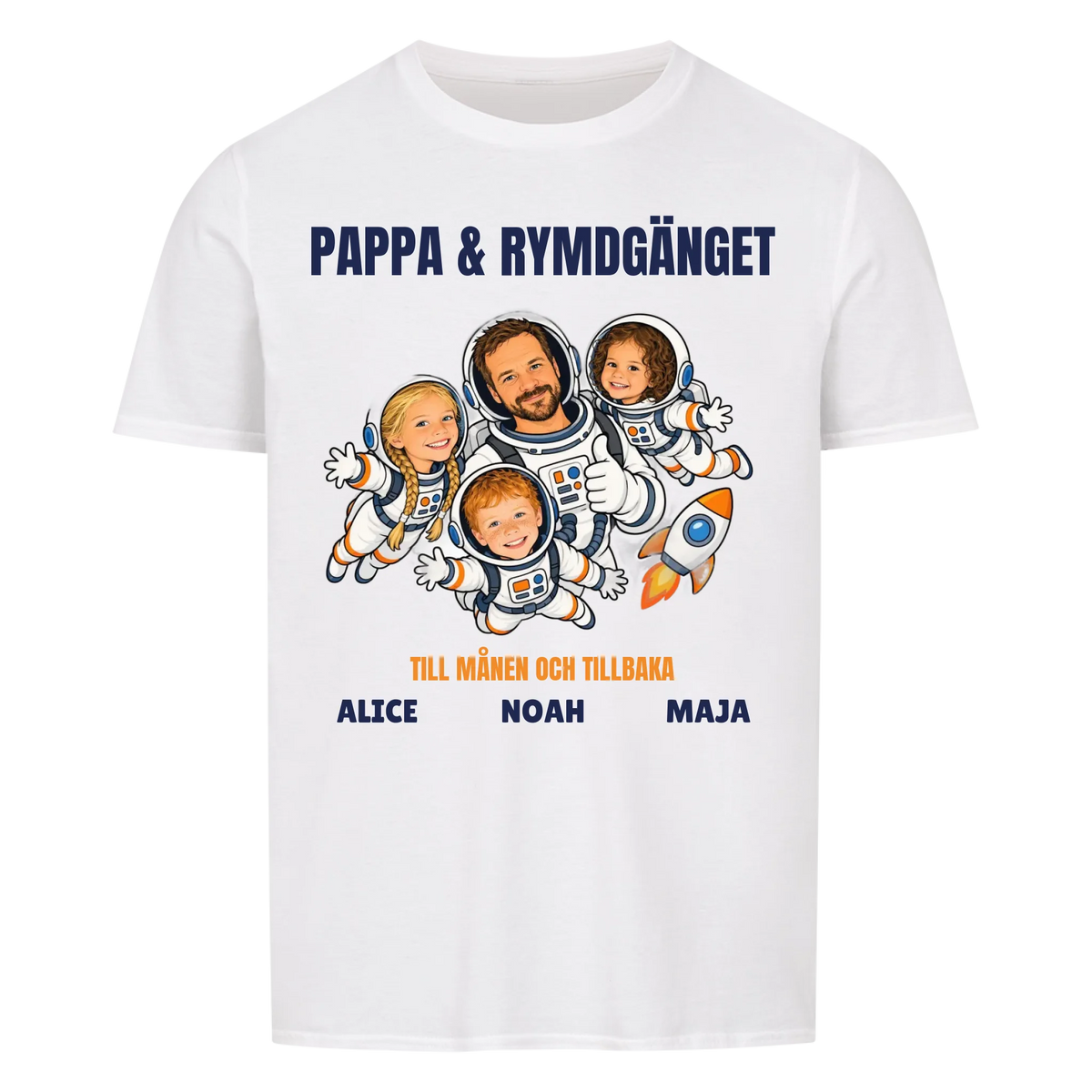 Pappa och rymdgänget t-shirt med ditt foto som tecknade astronauter och barnens namn. Personlig present till pappa