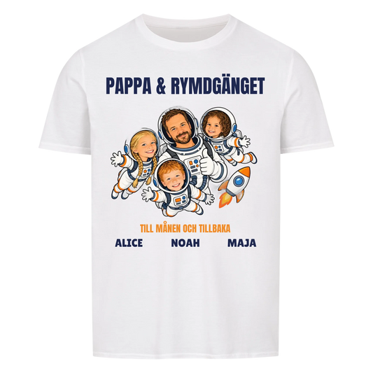 Pappa och rymdgänget t-shirt med ditt foto som tecknade astronauter och barnens namn. Personlig present till pappa