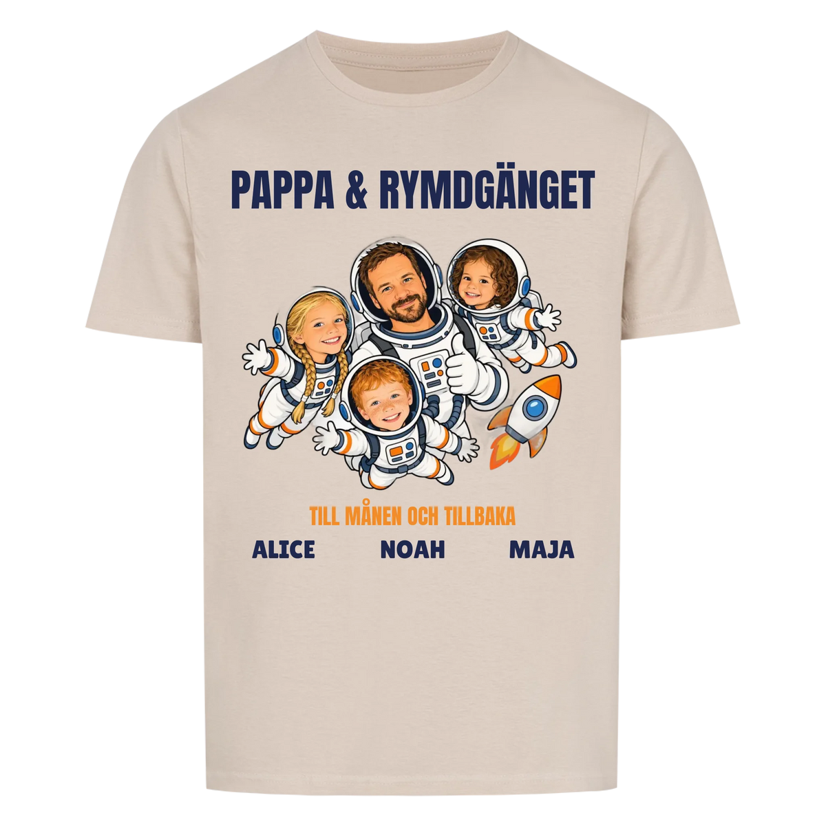 Pappa och rymdgänget t-shirt med ditt foto som tecknade astronauter och barnens namn. Personlig present till pappa