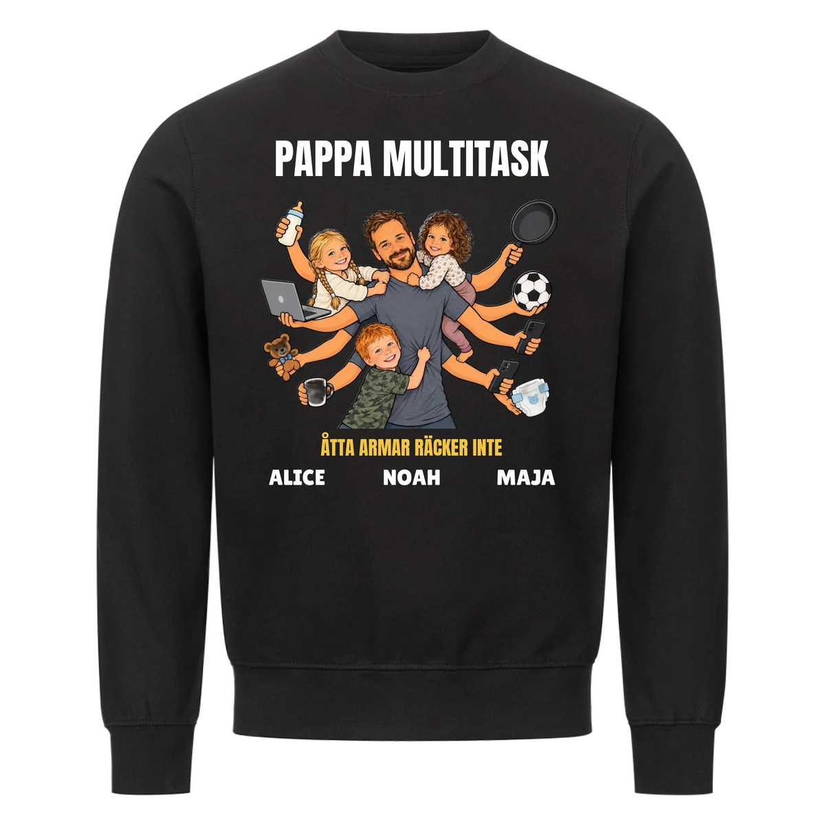 Pappa multitask t-shirt med ditt foto som tecknad pappa med åtta armar och barnens namn. Rolig present till pappa