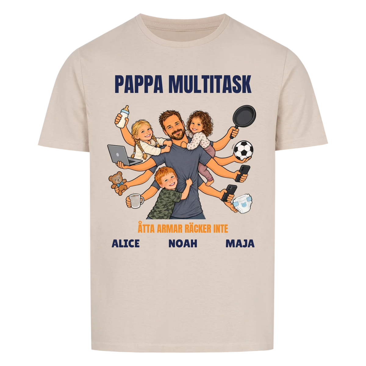 Pappa multitask t-shirt med ditt foto som tecknad pappa med åtta armar och barnens namn. Rolig present till pappa
