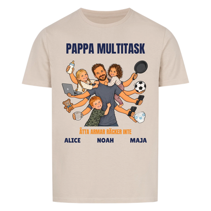 Pappa multitask t-shirt med ditt foto som tecknad pappa med åtta armar och barnens namn. Rolig present till pappa