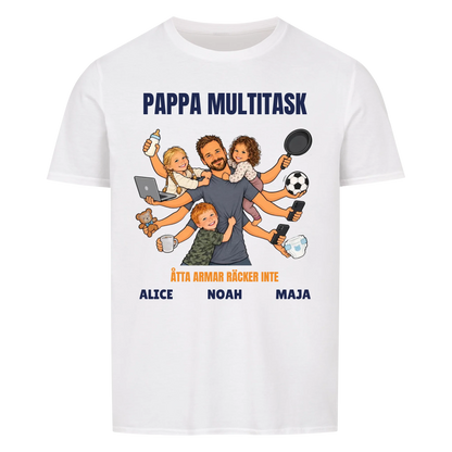 Pappa multitask t-shirt med ditt foto som tecknad pappa med åtta armar och barnens namn. Rolig present till pappa