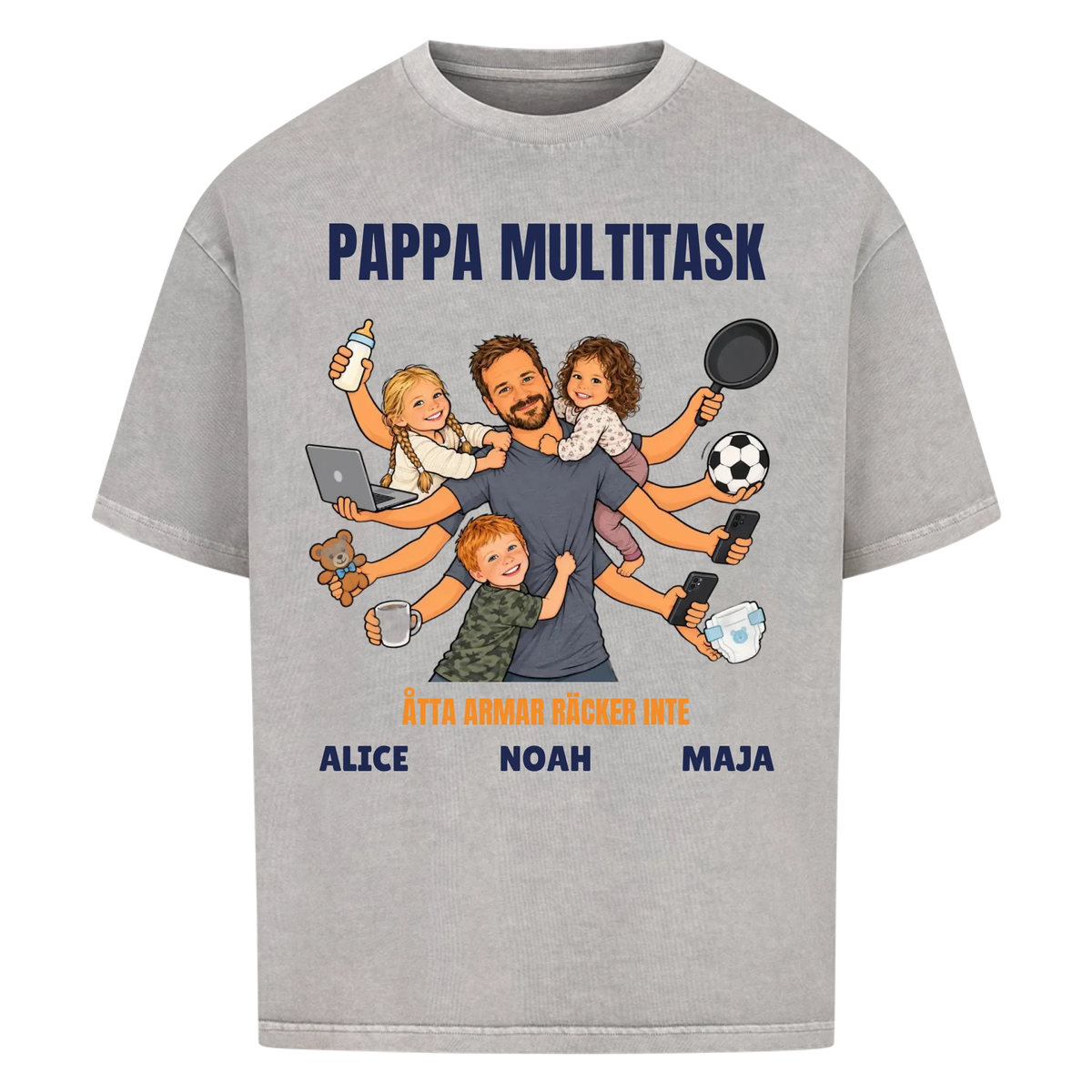 Pappa multitask t-shirt med ditt foto som tecknad pappa med åtta armar och barnens namn. Rolig present till pappa