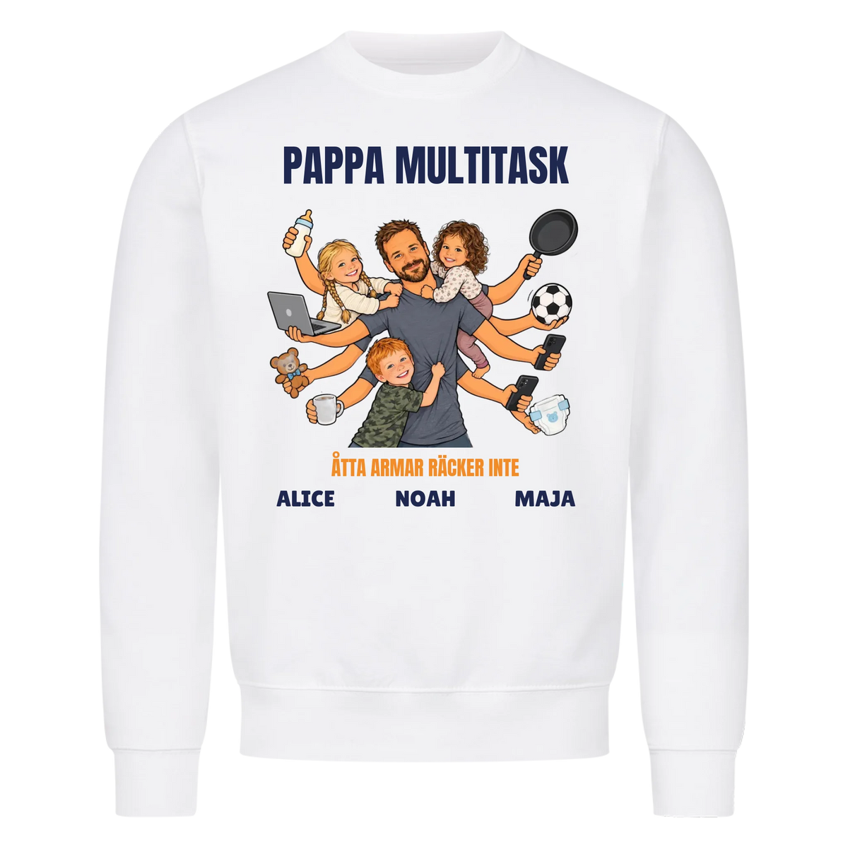 Pappa multitask t-shirt med ditt foto som tecknad pappa med åtta armar och barnens namn. Rolig present till pappa