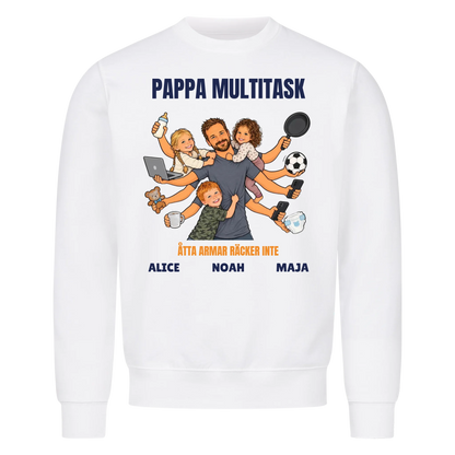 Pappa multitask t-shirt med ditt foto som tecknad pappa med åtta armar och barnens namn. Rolig present till pappa
