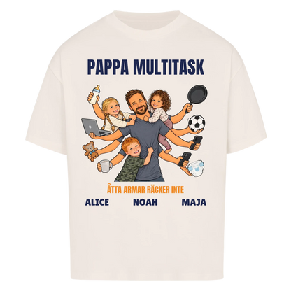 Pappa multitask t-shirt med ditt foto som tecknad pappa med åtta armar och barnens namn. Rolig present till pappa