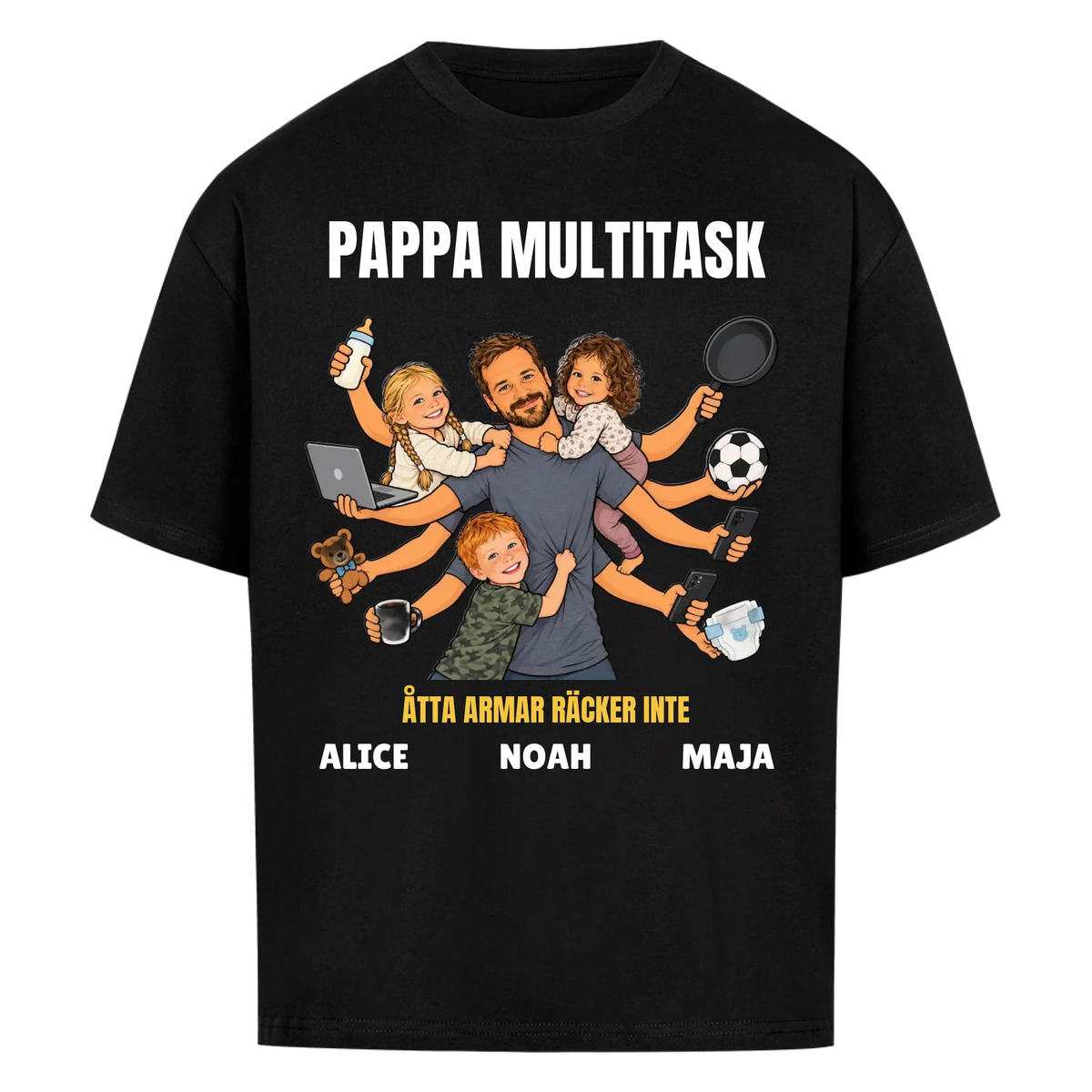Pappa multitask t-shirt med ditt foto som tecknad pappa med åtta armar och barnens namn. Rolig present till pappa