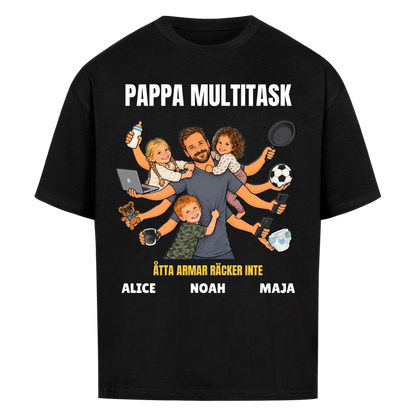 Pappa multitask t-shirt med ditt foto som tecknad pappa med åtta armar och barnens namn. Rolig present till pappa