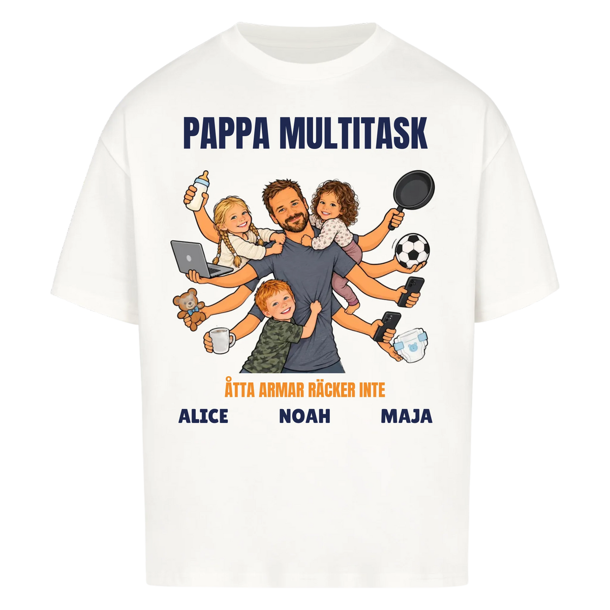 Pappa multitask t-shirt med ditt foto som tecknad pappa med åtta armar och barnens namn. Rolig present till pappa