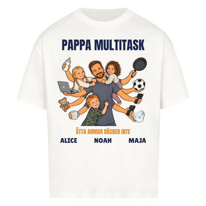 Pappa multitask t-shirt med ditt foto som tecknad pappa med åtta armar och barnens namn. Rolig present till pappa
