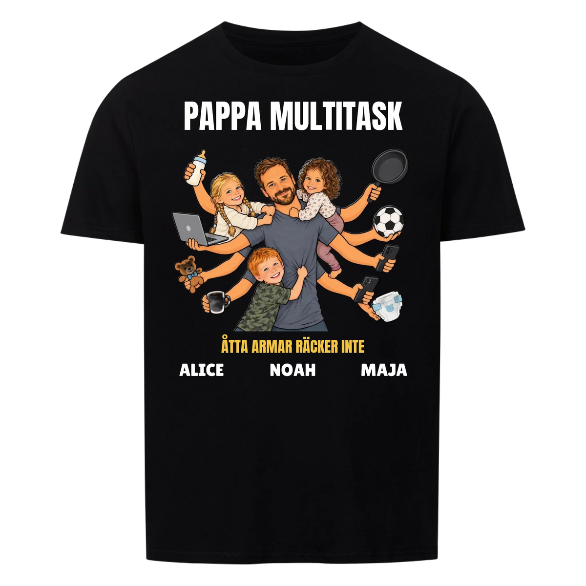 Pappa multitask t-shirt med ditt foto som tecknad pappa med åtta armar och barnens namn. Rolig present till pappa