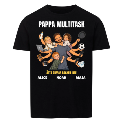 Pappa multitask t-shirt med ditt foto som tecknad pappa med åtta armar och barnens namn. Rolig present till pappa