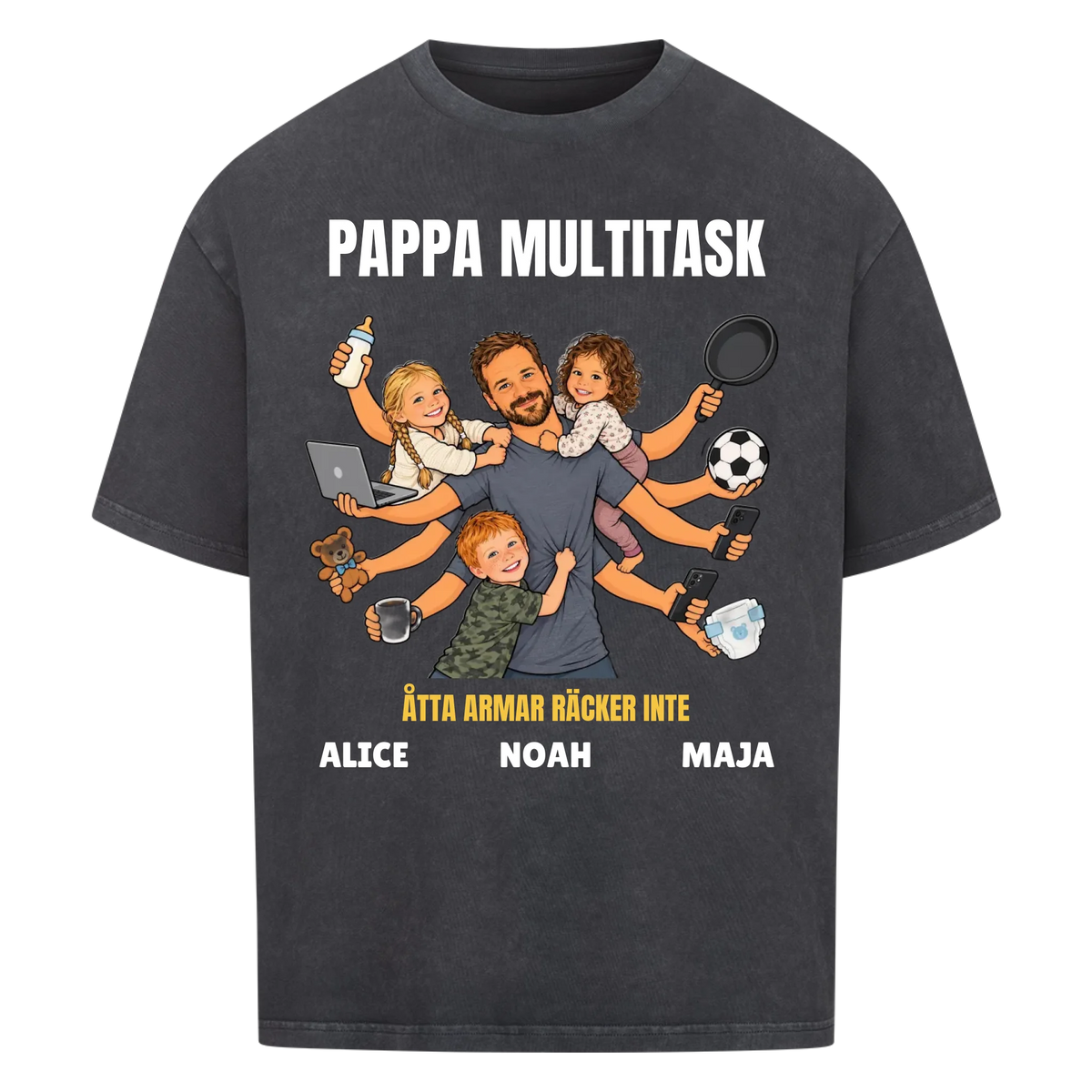Pappa multitask t-shirt med ditt foto som tecknad pappa med åtta armar och barnens namn. Rolig present till pappa