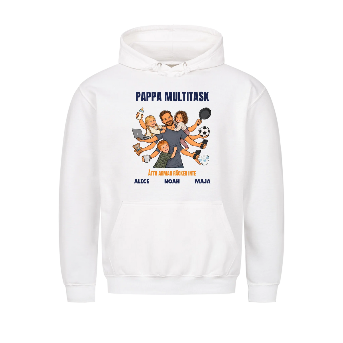 Pappa multitask t-shirt med ditt foto som tecknad pappa med åtta armar och barnens namn. Rolig present till pappa