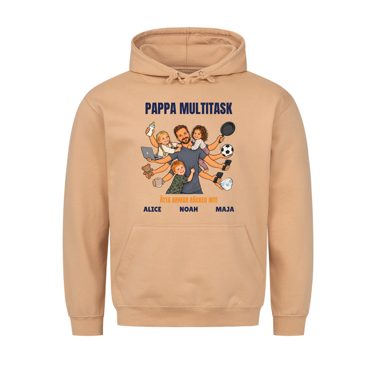 Pappa multitask t-shirt med ditt foto som tecknad pappa med åtta armar och barnens namn. Rolig present till pappa