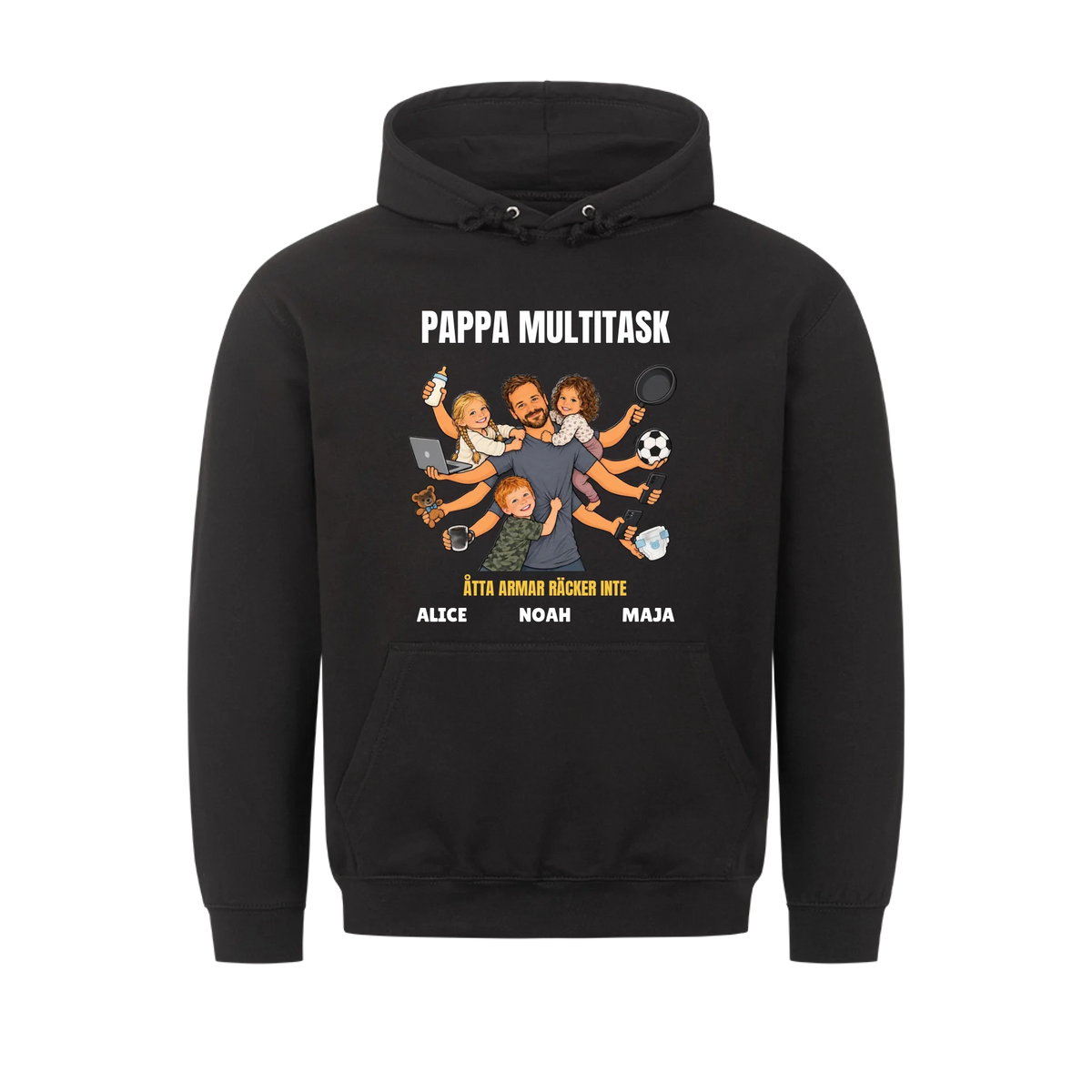 Pappa multitask t-shirt med ditt foto som tecknad pappa med åtta armar och barnens namn. Rolig present till pappa