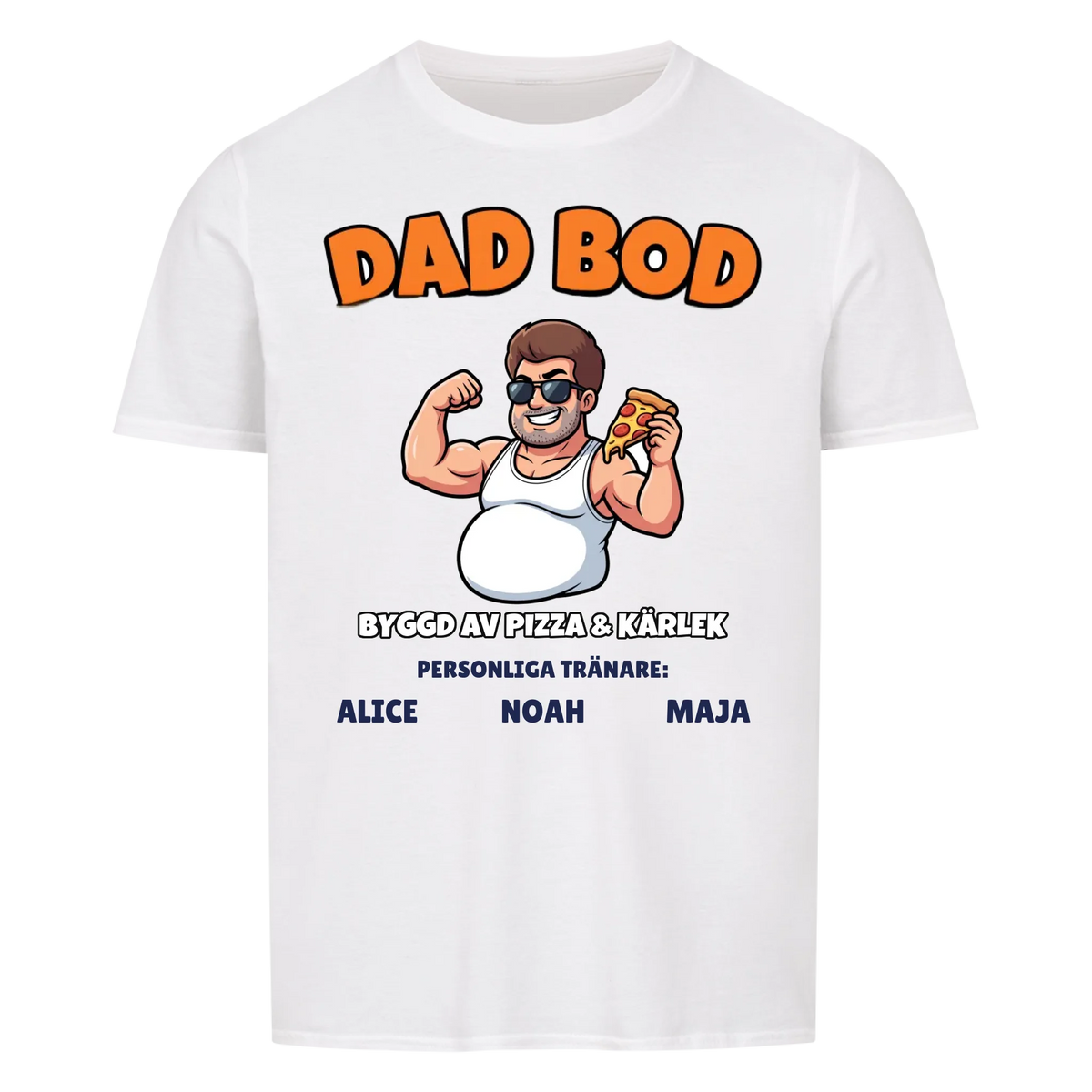 Dad Bod t-shirt med ditt foto som tecknad pappa och barnens namn. Rolig present till pappa