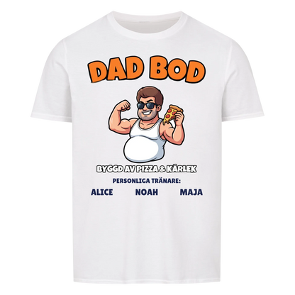 Dad Bod t-shirt med ditt foto som tecknad pappa och barnens namn. Rolig present till pappa