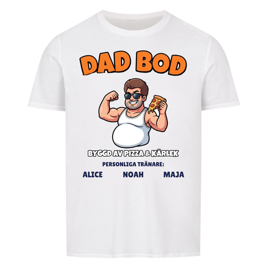 Dad Bod t-shirt med ditt foto som tecknad pappa och barnens namn. Rolig present till pappa