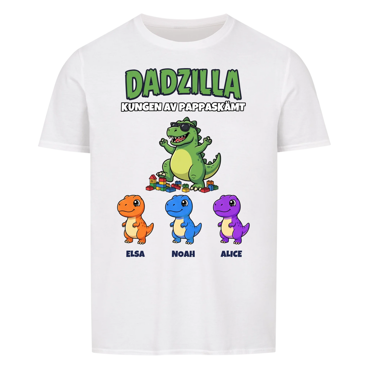 Dadzilla t-shirt med tecknad monsterpappa, små monster och barnens namn. Rolig present till pappa
