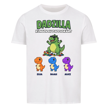 Dadzilla t-shirt med tecknad monsterpappa, små monster och barnens namn. Rolig present till pappa