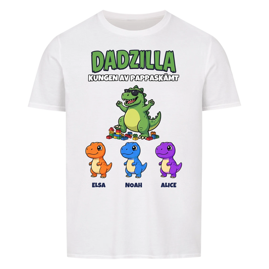 Dadzilla t-shirt med tecknad monsterpappa, små monster och barnens namn. Rolig present till pappa