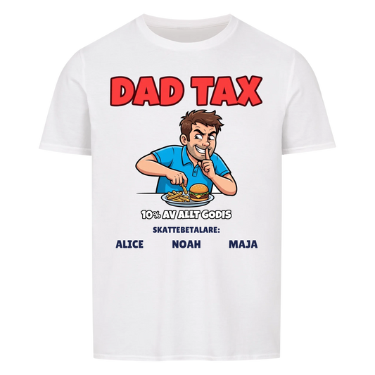 Dad Tax t-shirt med ditt foto som tecknad pappa och barnens namn. Rolig present till pappa