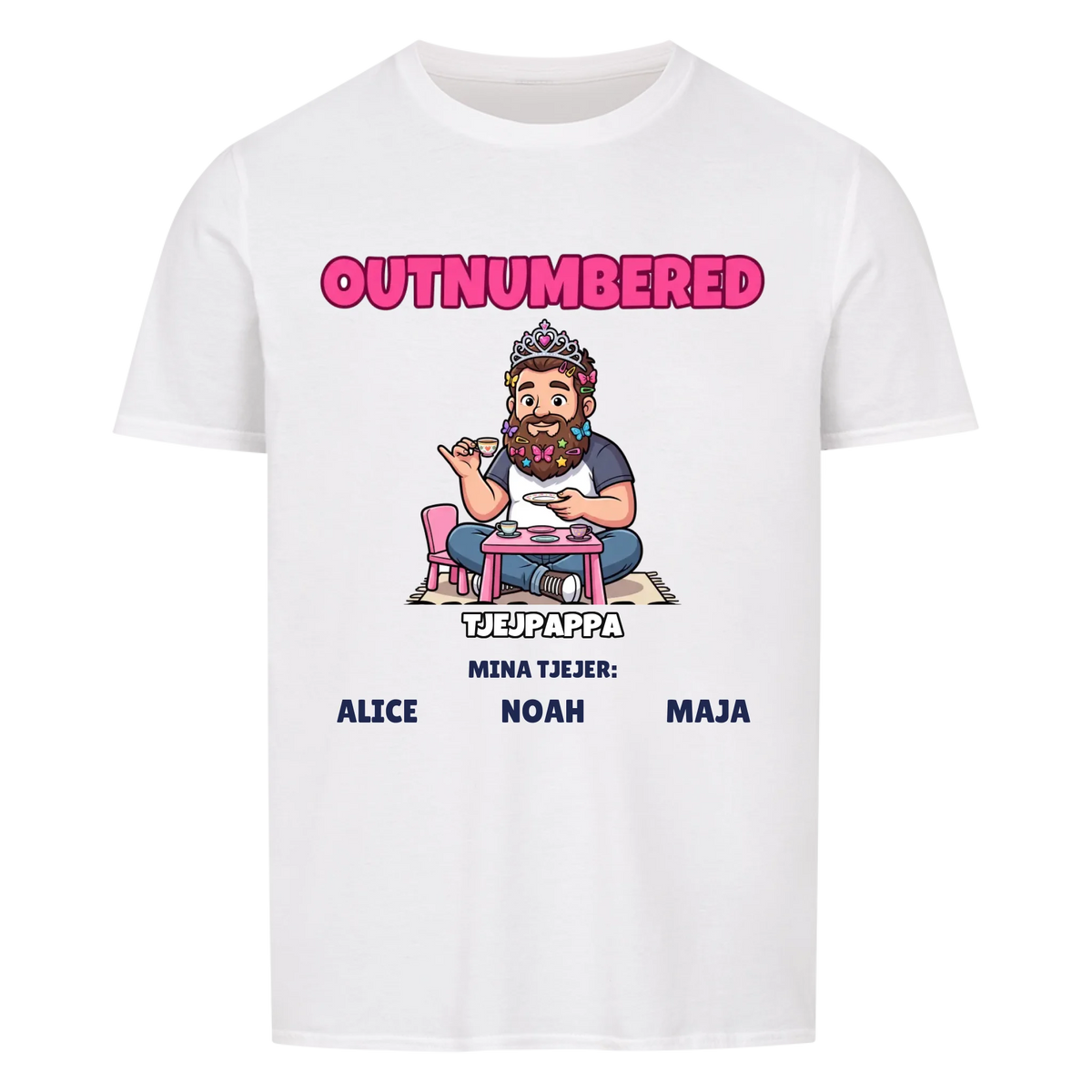 Girl Dad t-shirt med ditt foto som tecknad pappa och döttrarnas namn. Personlig present till pappa