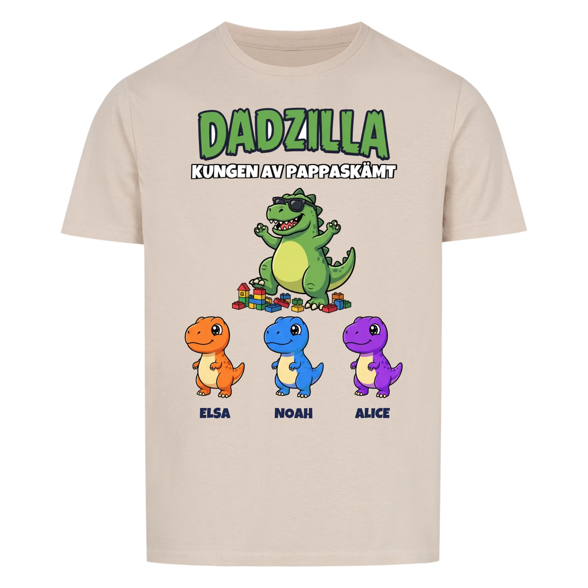 Dadzilla t-shirt med tecknad monsterpappa, små monster och barnens namn. Rolig present till pappa
