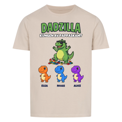 Dadzilla t-shirt med tecknad monsterpappa, små monster och barnens namn. Rolig present till pappa