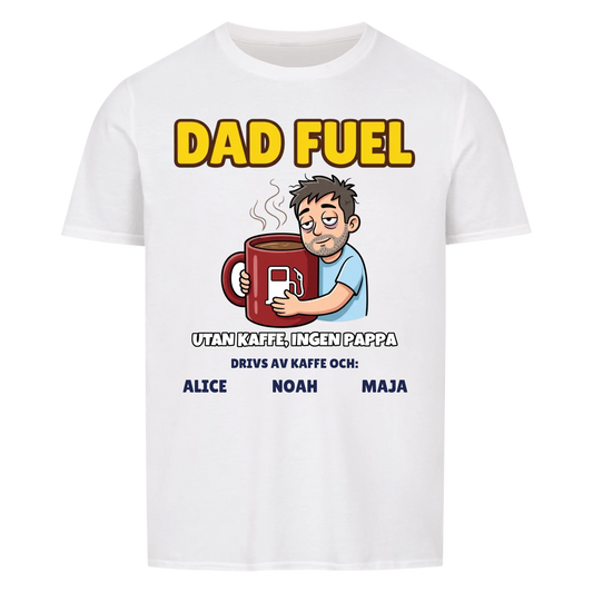 Dad Fuel t-shirt med ditt foto som tecknad pappa och barnens namn. Rolig present till pappa