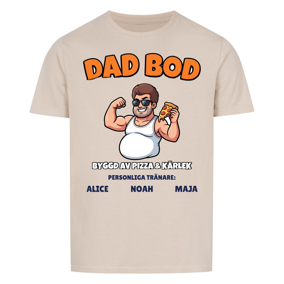 Dad Bod t-shirt med ditt foto som tecknad pappa och barnens namn. Rolig present till pappa