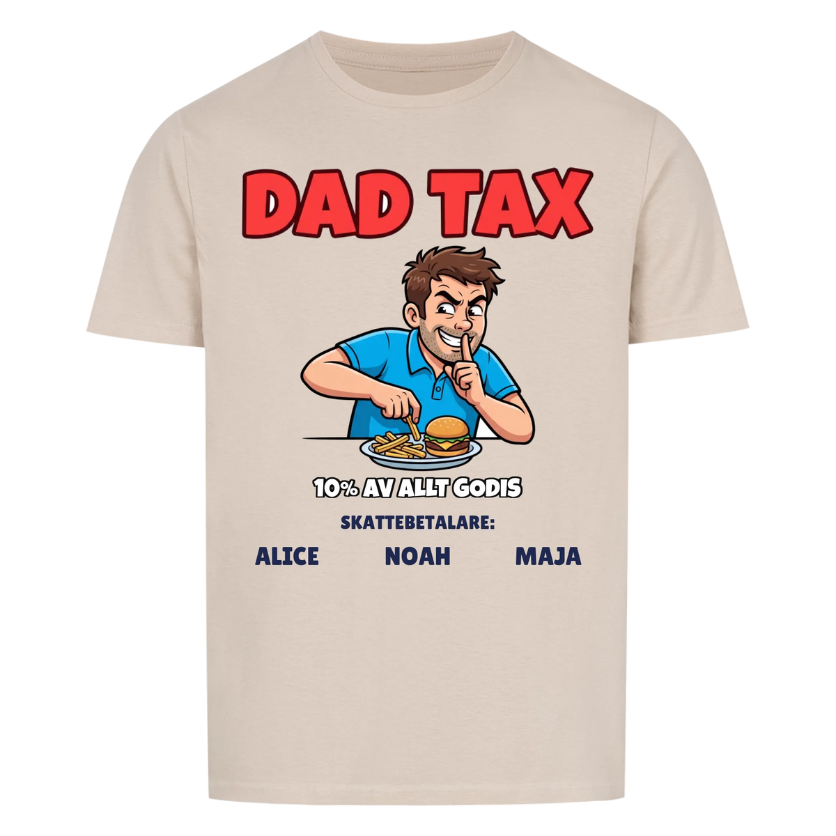 Dad Tax t-shirt med ditt foto som tecknad pappa och barnens namn. Rolig present till pappa
