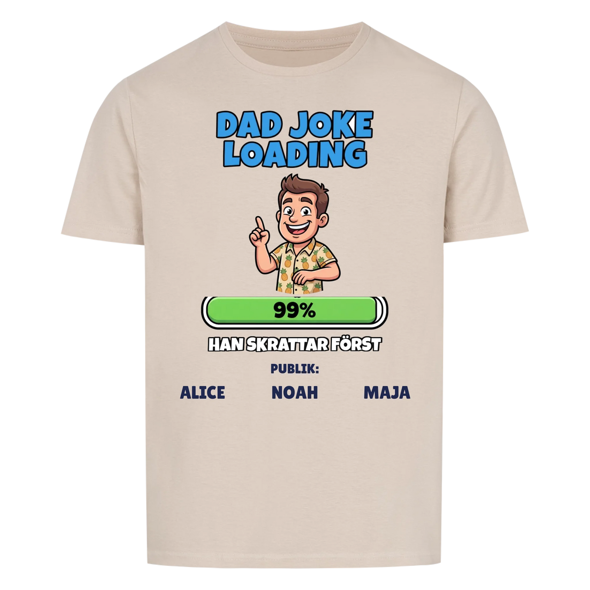 Dad Joke Loading t-shirt med ditt foto som tecknad pappa och barnens namn. Rolig present till pappa