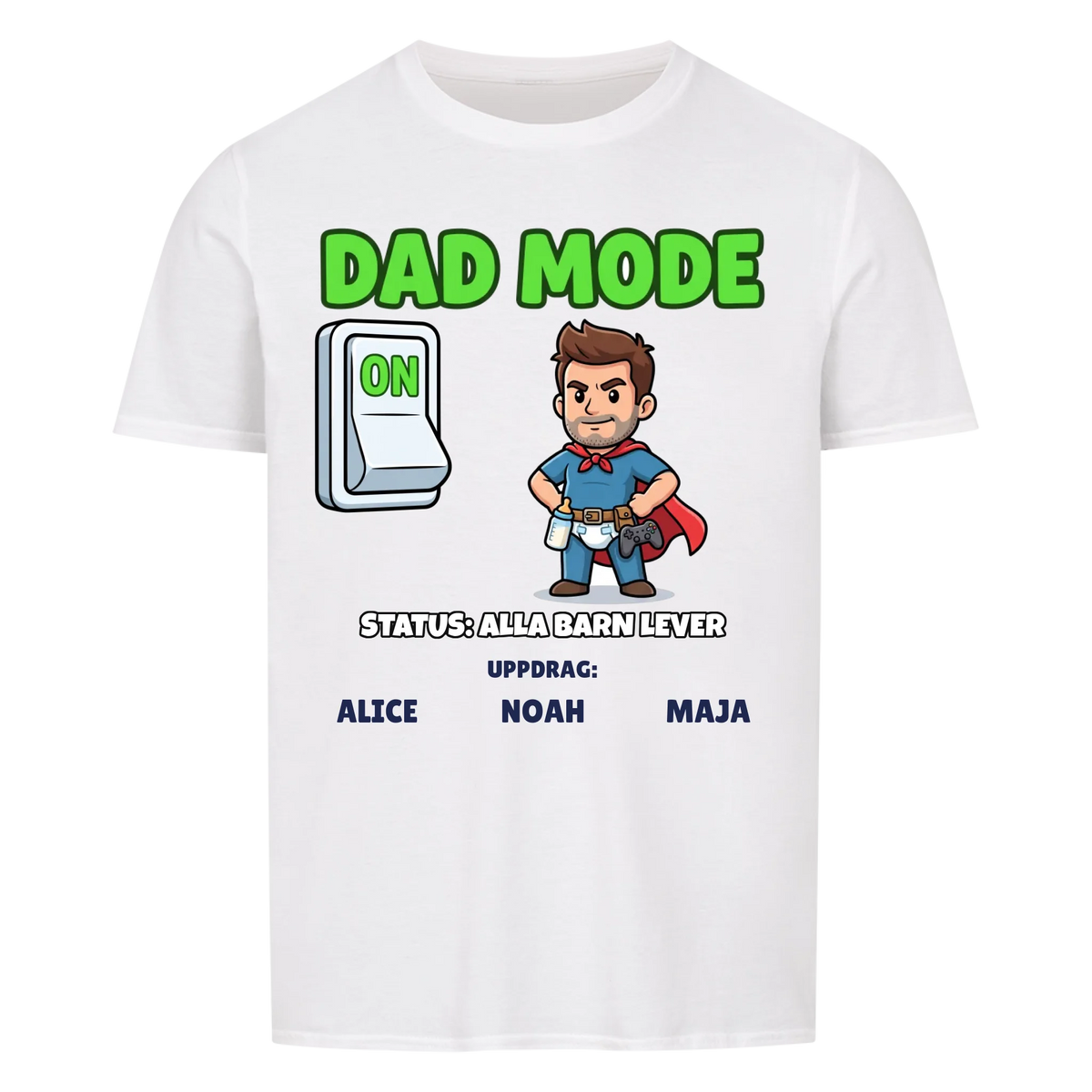 Dad Mode t-shirt med ditt foto som tecknad superpappa och barnens namn. Rolig present till pappa