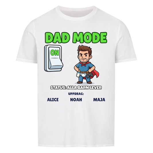 Dad Mode t-shirt med ditt foto som tecknad superpappa och barnens namn. Rolig present till pappa