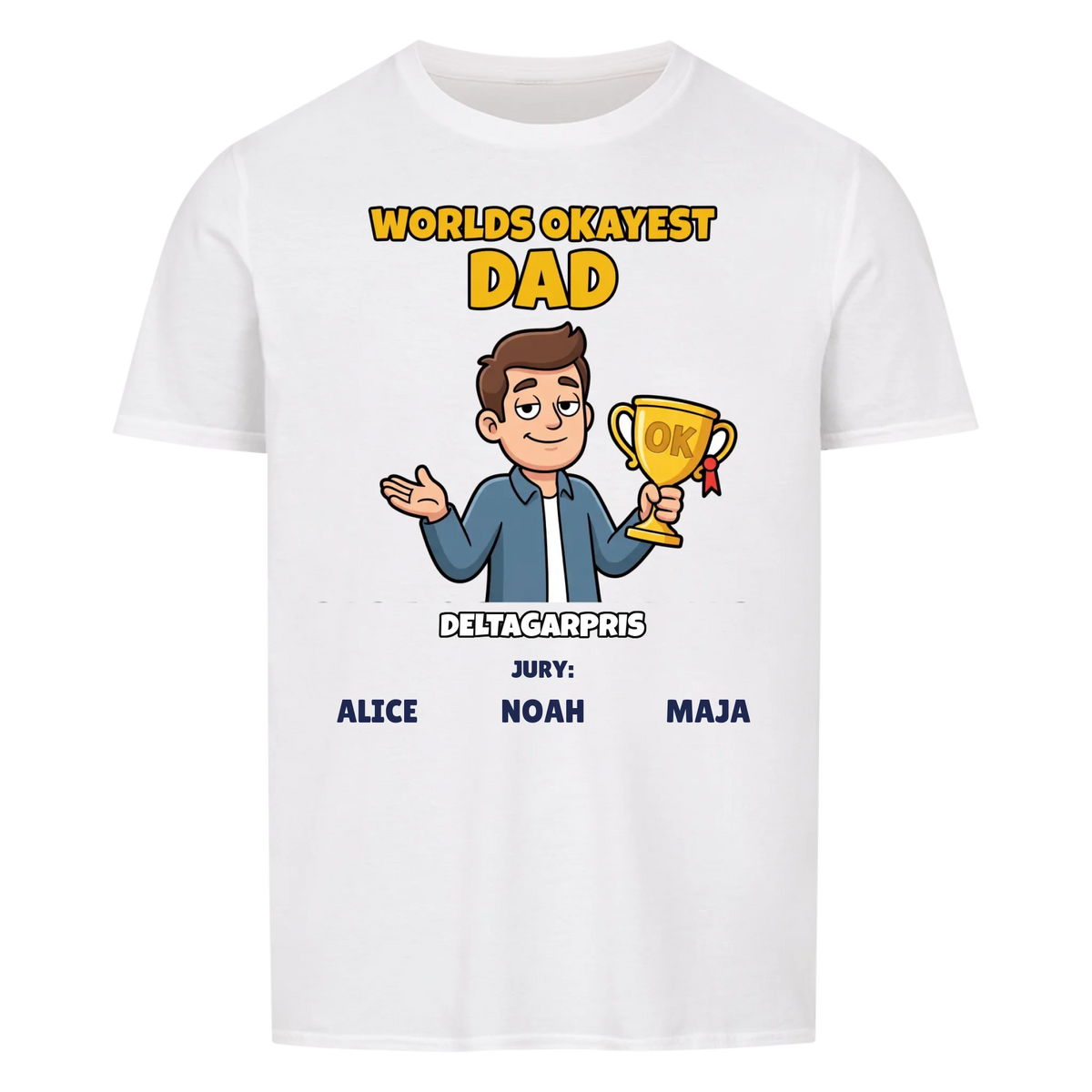 Worlds Okayest Dad t-shirt med ditt foto som tecknad pappa och barnens namn. Rolig present till pappa