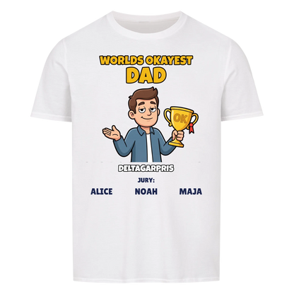 Worlds Okayest Dad t-shirt med ditt foto som tecknad pappa och barnens namn. Rolig present till pappa