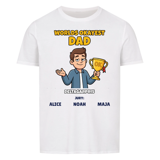 Worlds Okayest Dad t-shirt med ditt foto som tecknad pappa och barnens namn. Rolig present till pappa