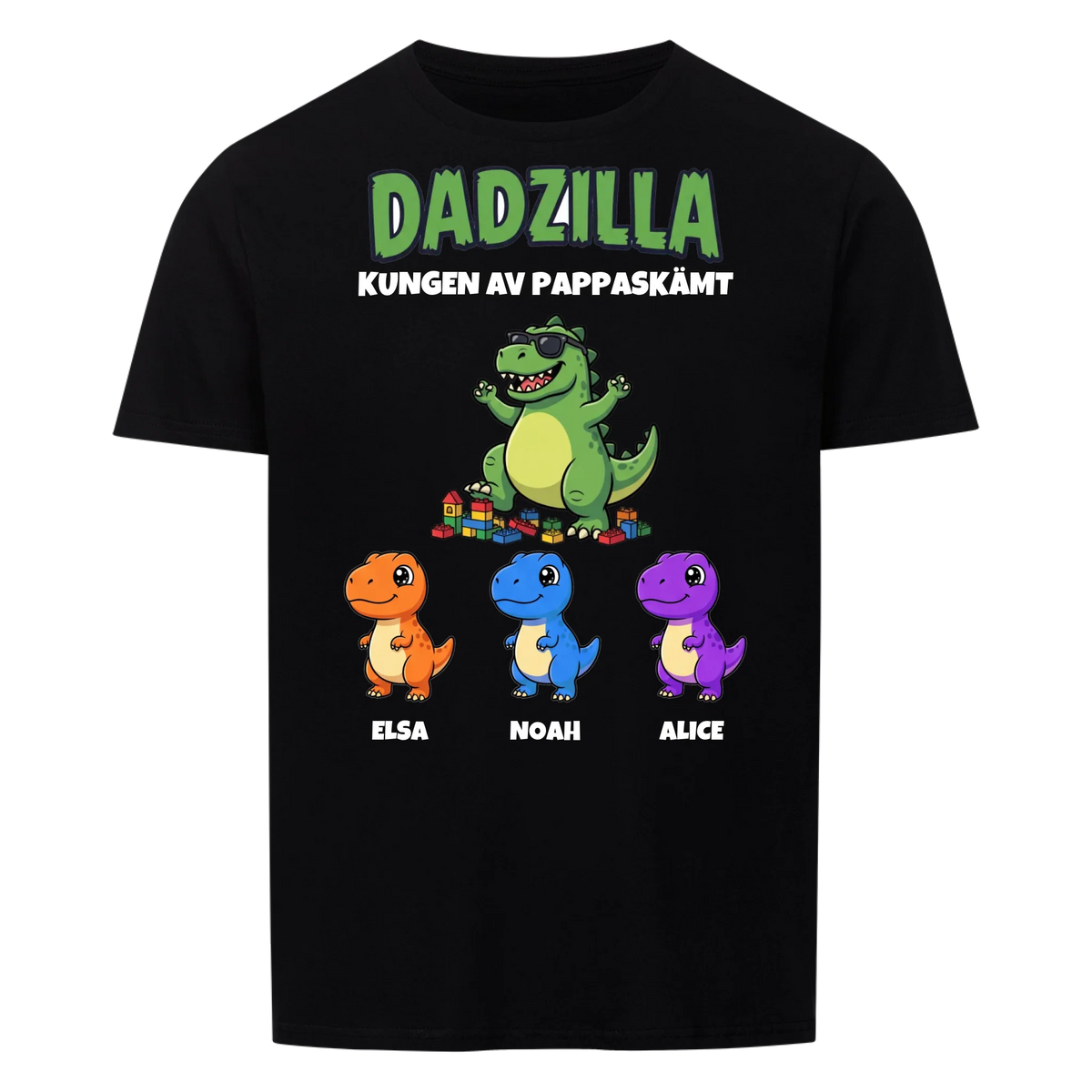 Dadzilla t-shirt med tecknad monsterpappa, små monster och barnens namn. Rolig present till pappa