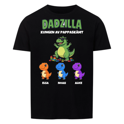Dadzilla t-shirt med tecknad monsterpappa, små monster och barnens namn. Rolig present till pappa