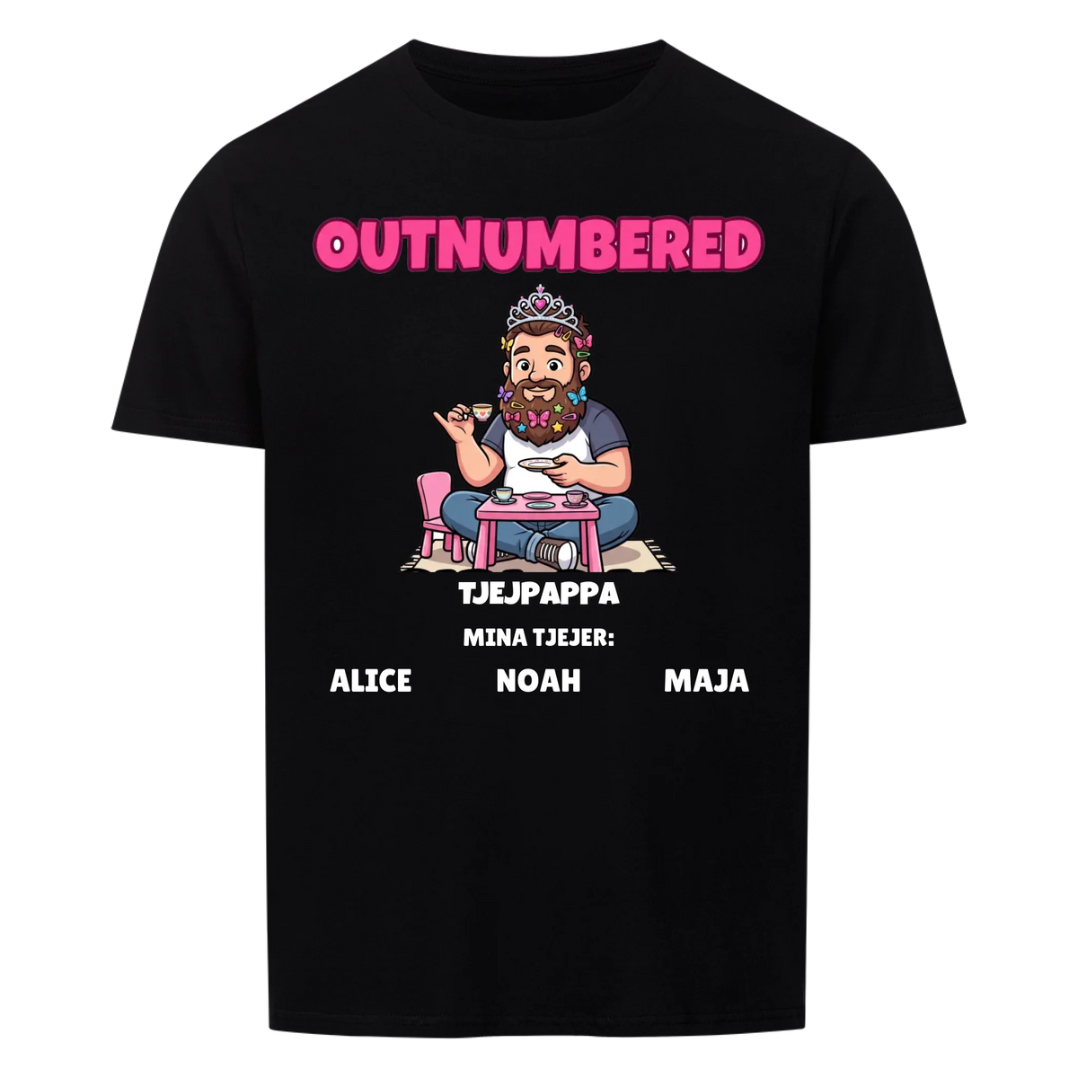 Girl Dad t-shirt med ditt foto som tecknad pappa och döttrarnas namn. Personlig present till pappa